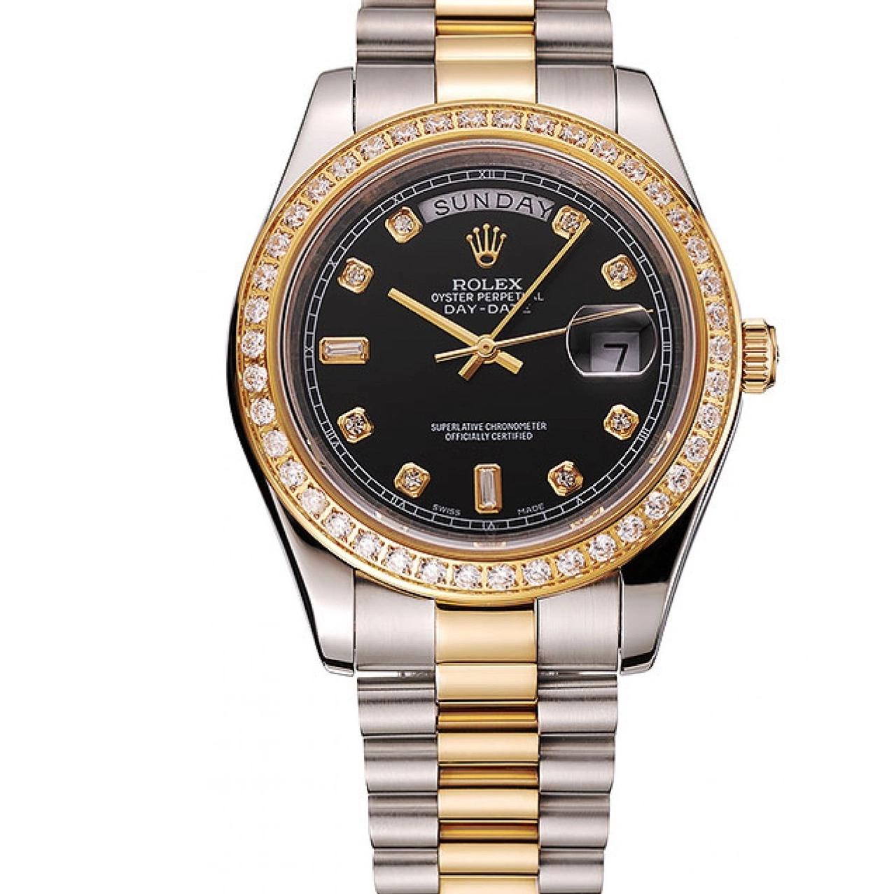 AAA Replica Watches Steel Swiss Tone Bracelet Stainless Day-Date Black 1453976 Gold Dial Case Diamond Rolex Two 0726